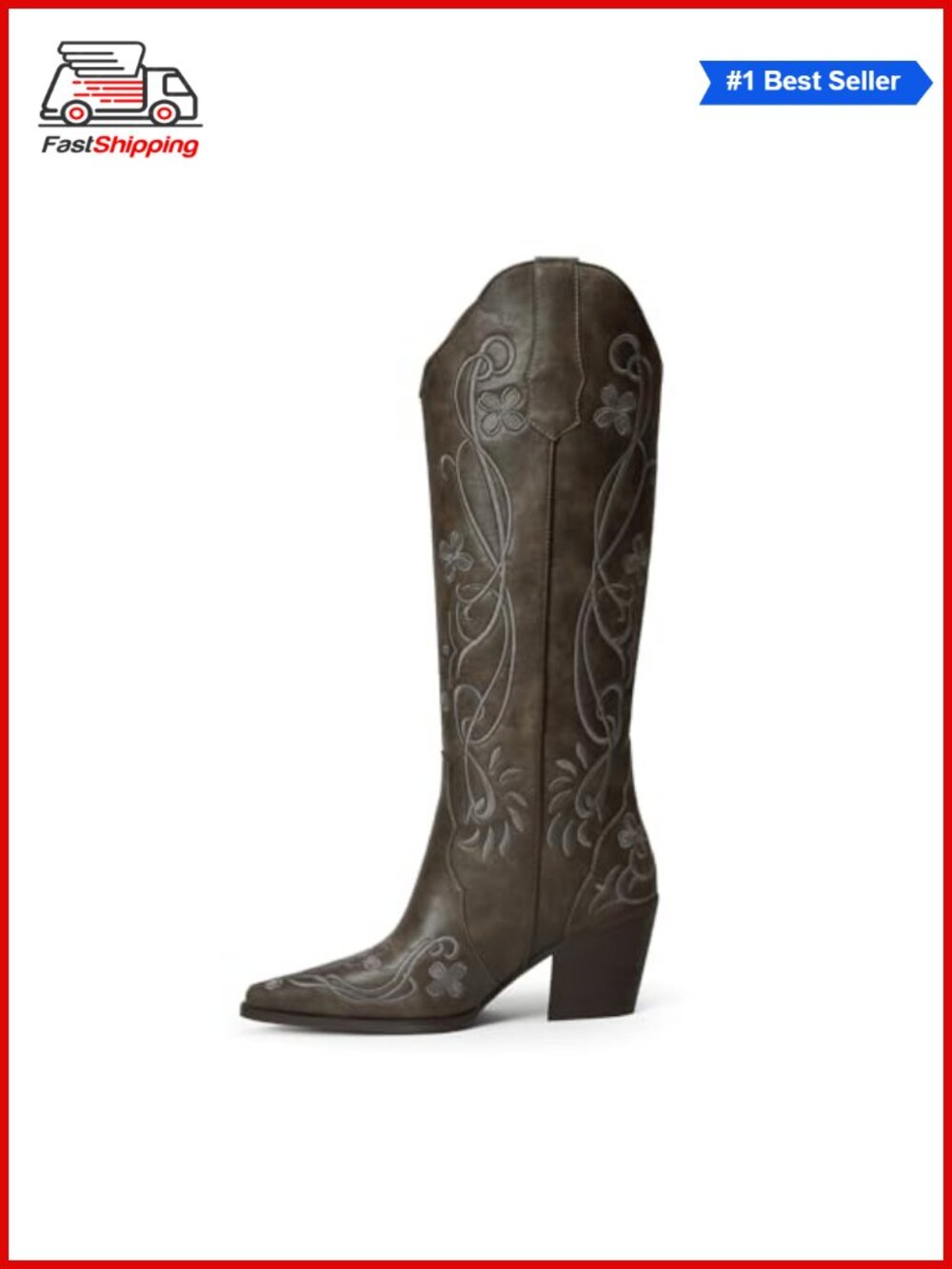 ✨ iiimmu Faux Leather Knee High Cowboy Boots Western Floral Embroidery Block